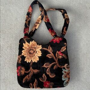 Vintage 60’s Floral Tapestry carpet bag  Purse Bag - Black and Brown Chenille